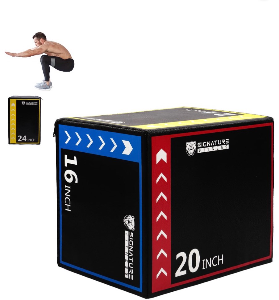 Signature Fitness 3-in-1 Foam Plyometric Jump Box, Adjustable Height 16/20/24 Inch, Anti-Slip Surface, Easy to Clean, for Home Gym Training, Multi-Color