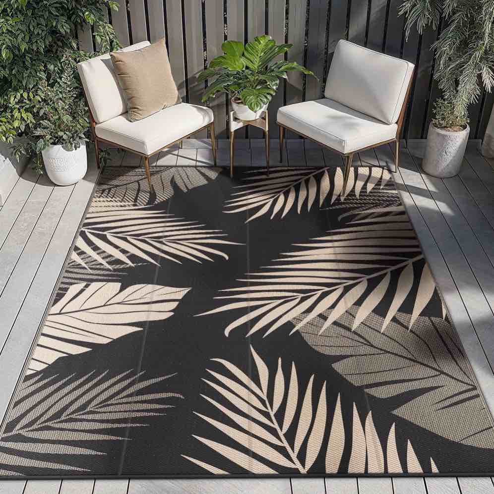 DEORAB Outdoor Rugs Patio Clearance Waterproof Plastic Rv Camper Outside Mat Patio Black&Beige 10 x14