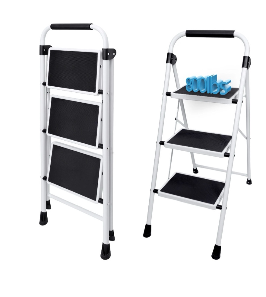 JIOABL 3 step ladder, 36-Inch Iron Step Stool with Non-Slip Pedals and Handrails - Portable Heavy Duty Steel Ladder for Kitchen, Garage, and Outdoor Use - Black