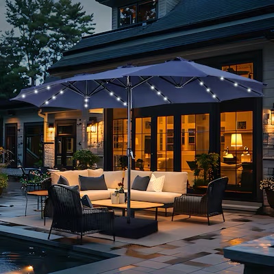 Sunshine Valley 15-ft Steel Blue No-tilt Market Patio Umbrella with Lights with Base