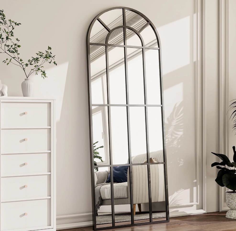 BEAUTYPEAK 69"x 25" Arched Full Length Windowpane Mirror Wall-Decor Mirror,Black