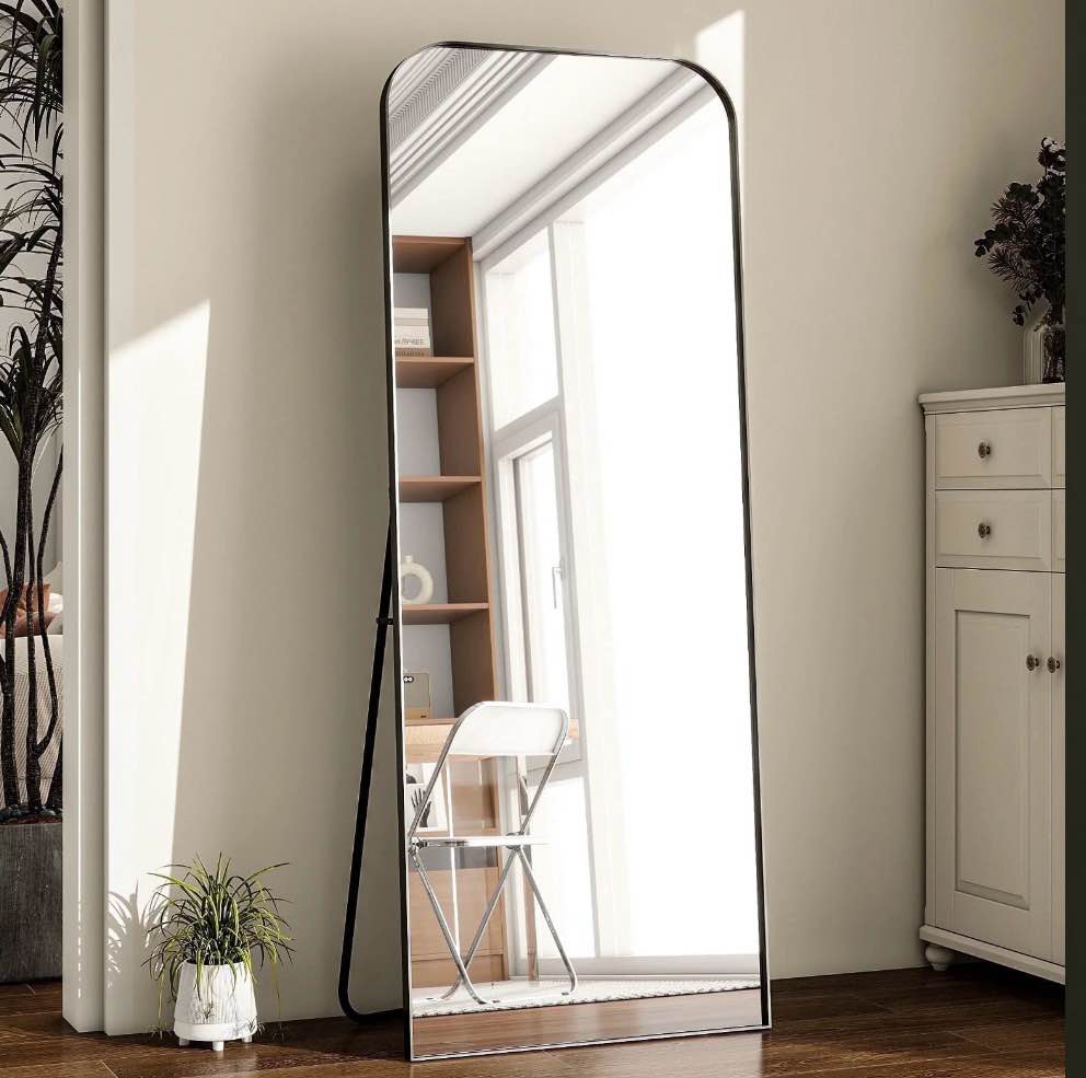 YVANLA 26 x71  Top Rounded Corner Full Length Floor Mirror with Aluminum Alloy Frame  Black