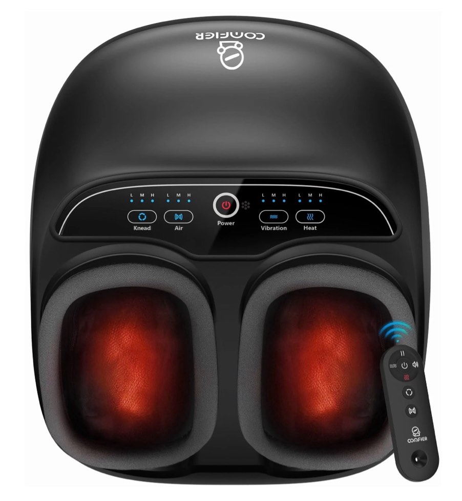 foot massager with heat  comfier shiatsu foot massage machine with remote for relax up to size 13  black  father s day gifts