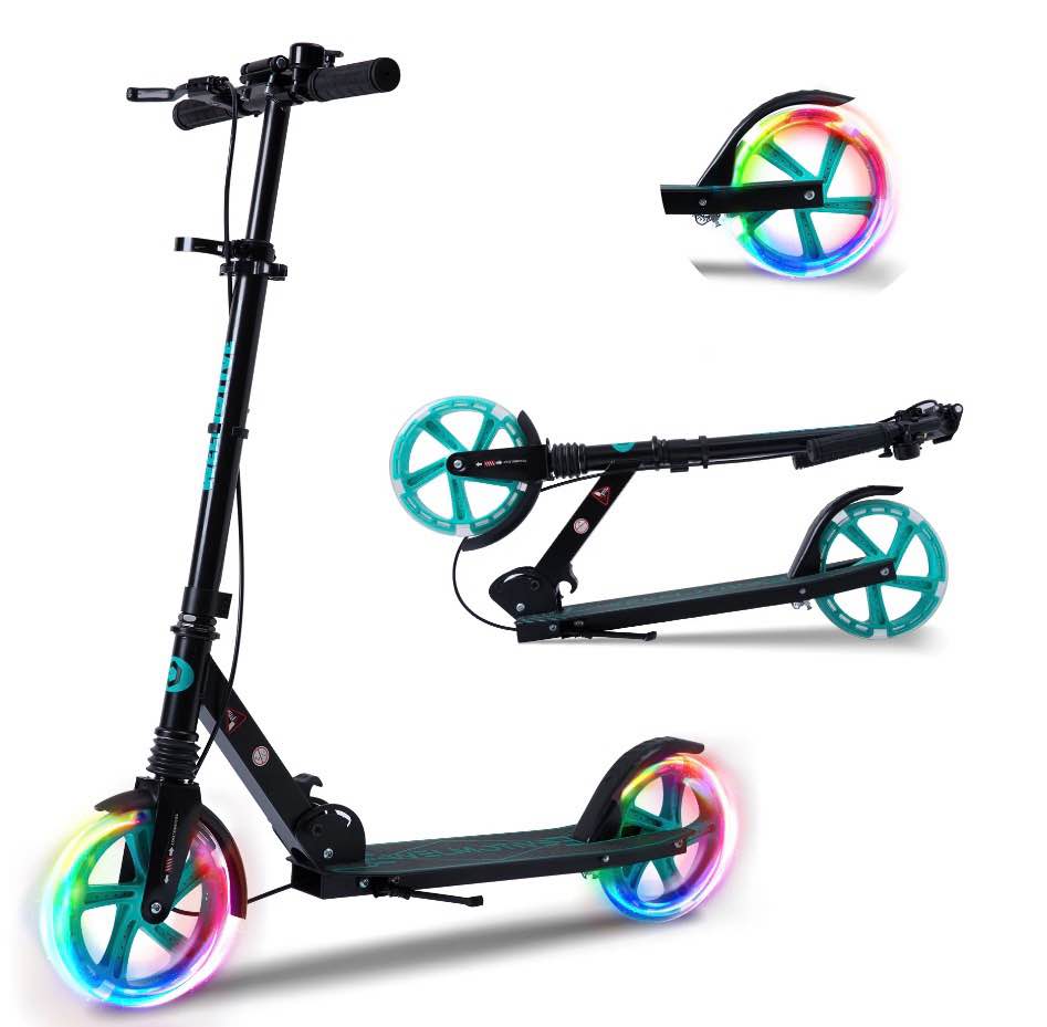 welmotive kick scooter for kids ages 6+ teens & adults, with front handbrake and rear brake, and adjustable handlebars, big sturdy pu flash wheels great gift & toy