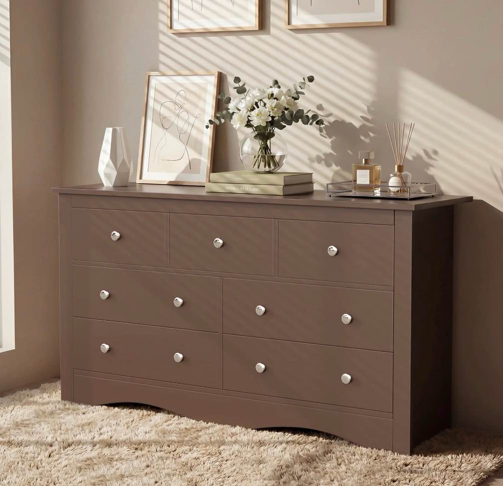 homall 7 drawer dresser for bedroom, wood double chest of drawers with metal handles, wide storage cabinet organizer for living room, brown