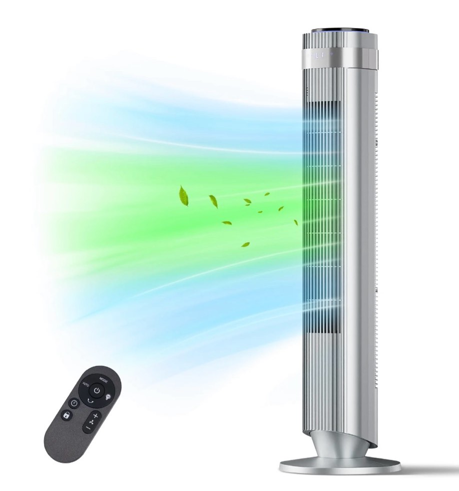 SHOUFTW Tower Fan Standing Bladeless, 23ft/s Velocity Quiet, 64° Oscillating with 5 Speeds, 4 Modes, 12H Timer for Indoor Bedroom, Silver