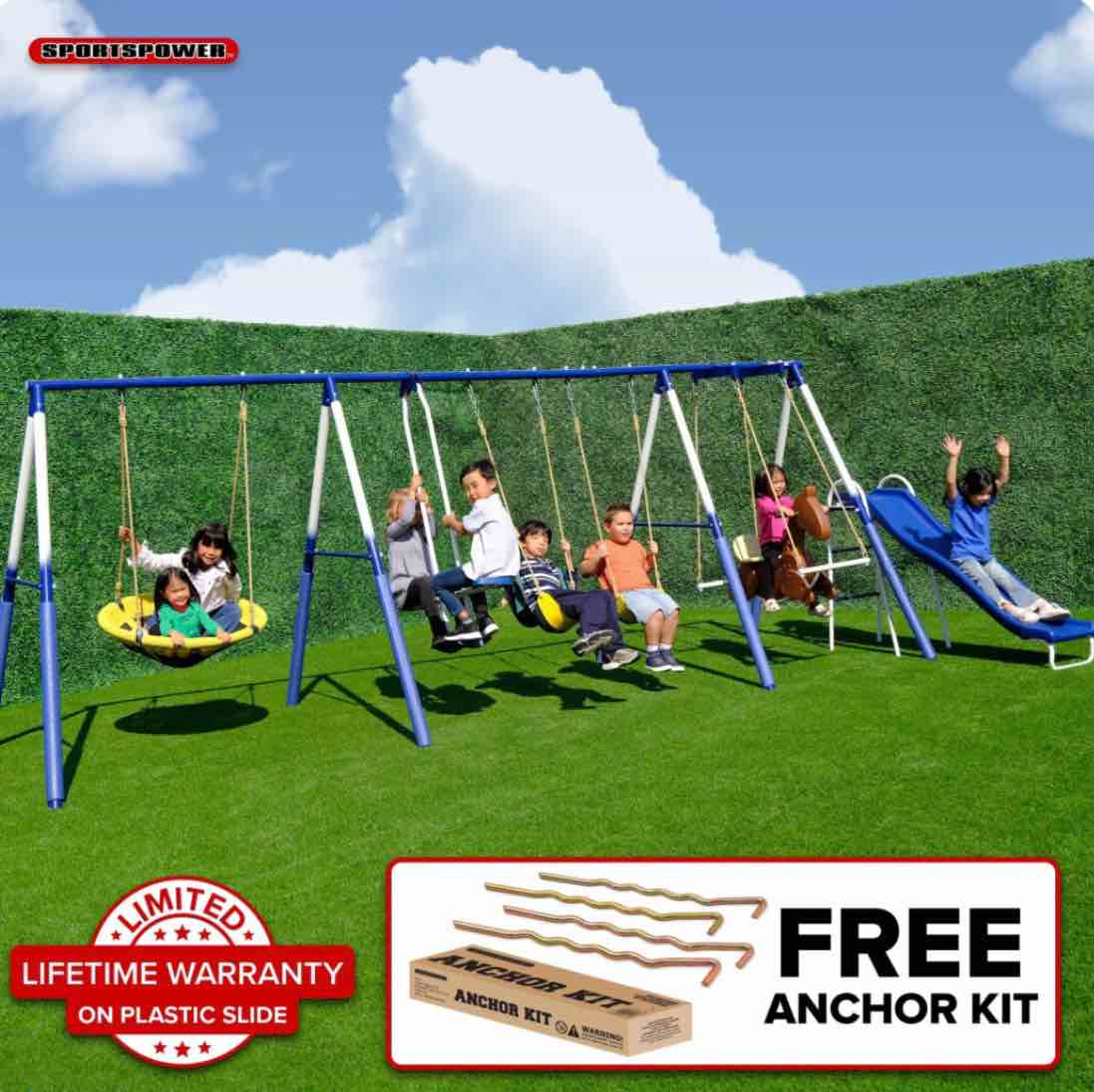 Sportspower Outdoor Super 8 Fun Metal Swing Set for Kids 3-8 with 6ft Slide  Saucer Swing  & Rocking Horse  6ft Durable Steel Frame