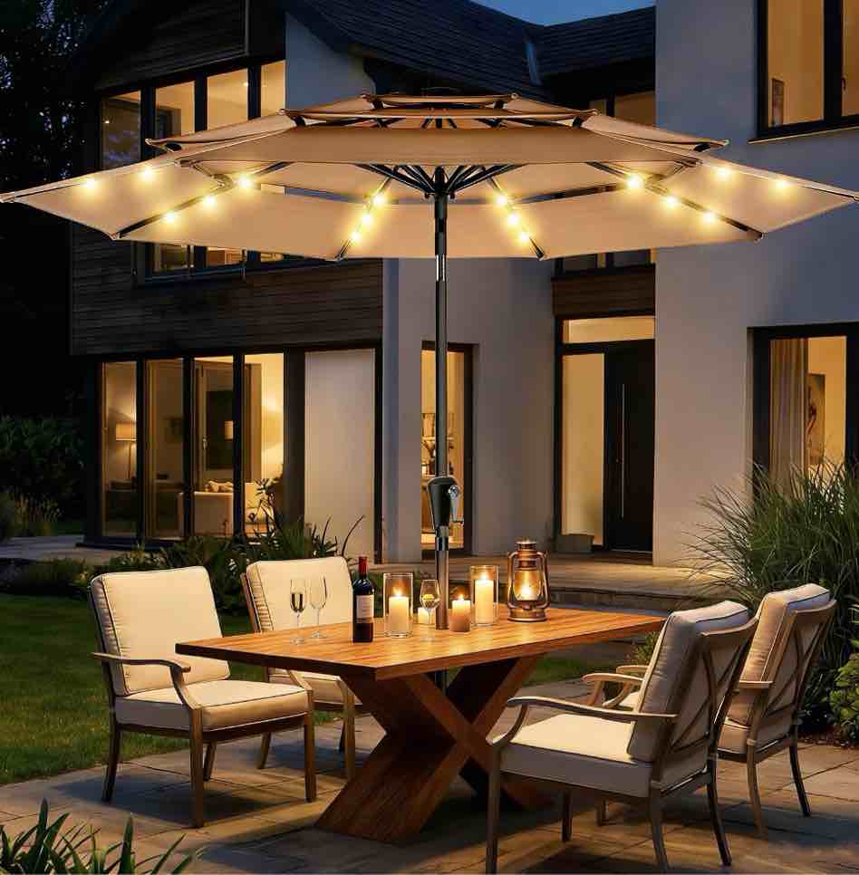 Patbrela 9ft 3-Tier Solar Patio Umbrella with LED Lights, Tilt Adjustment Outdoor Umbrella, Market Sun Shade for Beach, Backyard, Deck, Poolside, Beige