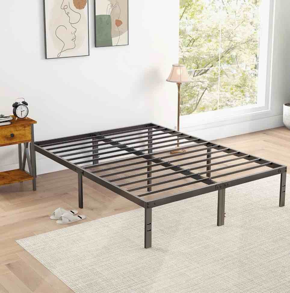edx 14" high full size bed frame no box spring needed, heavy duty metal with sturdy steel slat support and under bed storage full