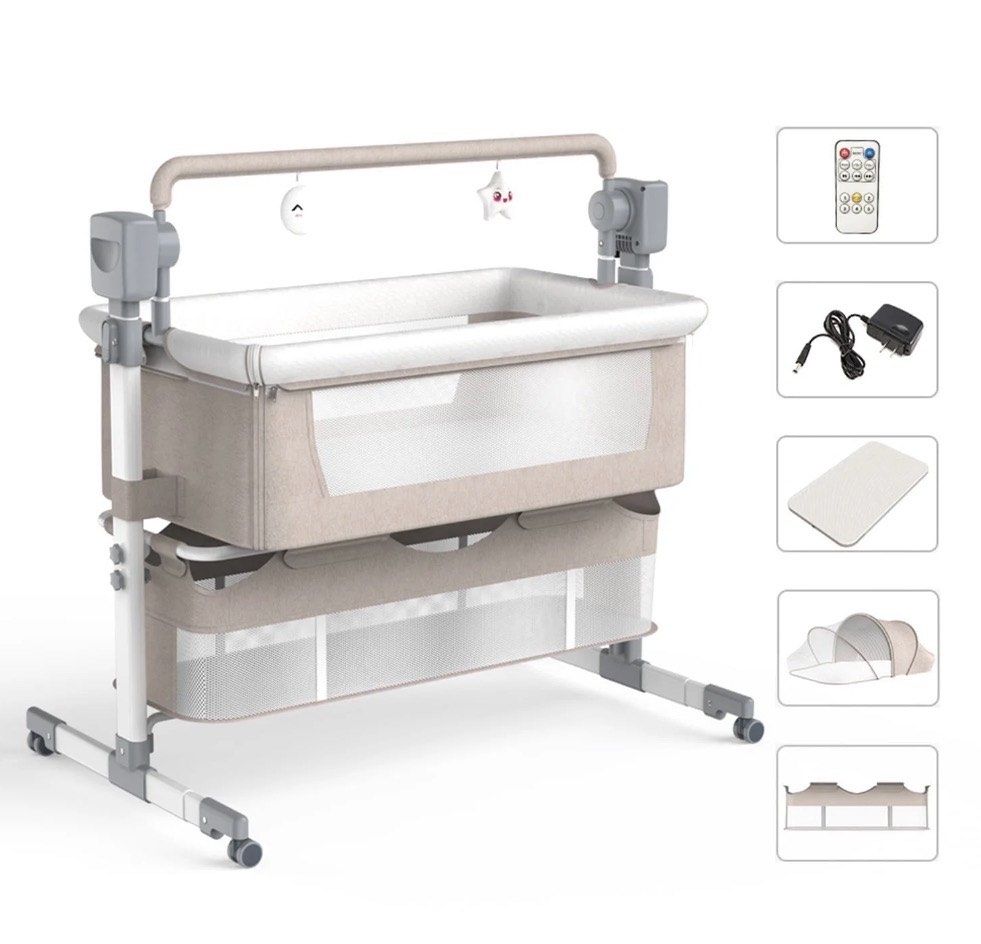 SteAnny Electric Rocking Crib Unisex Baby Cradle Newborn Bedside Sleeper with Remote Bassinet(Khaki/White)
