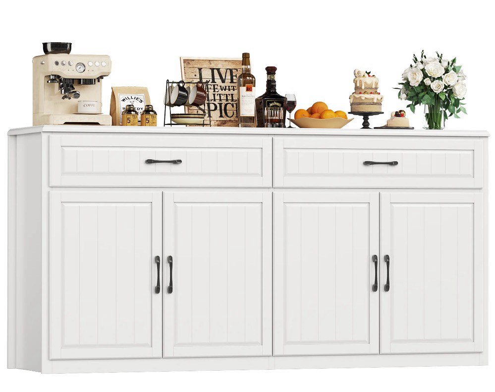 Hiphuta 63"Extended Wide Large Buffet Cabinet with 2 Drawers, Modern Coffee Bar Sideboard with Dusty-proof Base for Living Room and Entryway, White