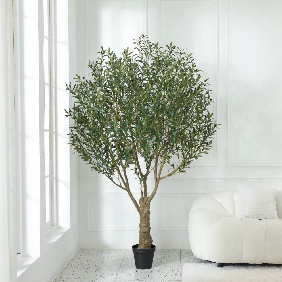 DR.Planzen 8FT Giant Artificial Olive Tree, Tall Silk Faux Olive Tree with Massive Trunk Base, Large UV Resistant Black Plastic Potted Plant for Indoor Outdoor Home Office Decor