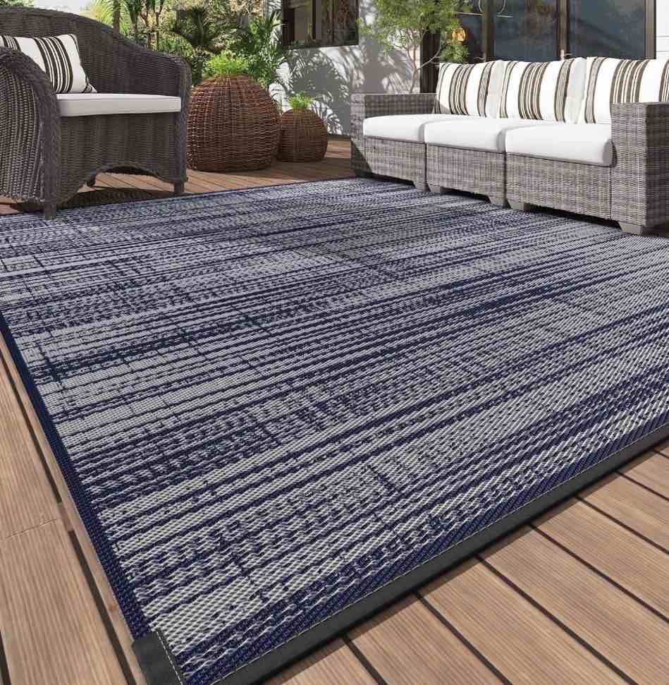 VUNATE Outdoor Rug Carpet 9 x12 Waterproof Reversible Patio Rug Portable Modern Abstract Indoor Outdoor Rug Plastic Straw Rug for RV Camping Garden Picnic Deck Backyard Porch Decor Blue and Gray