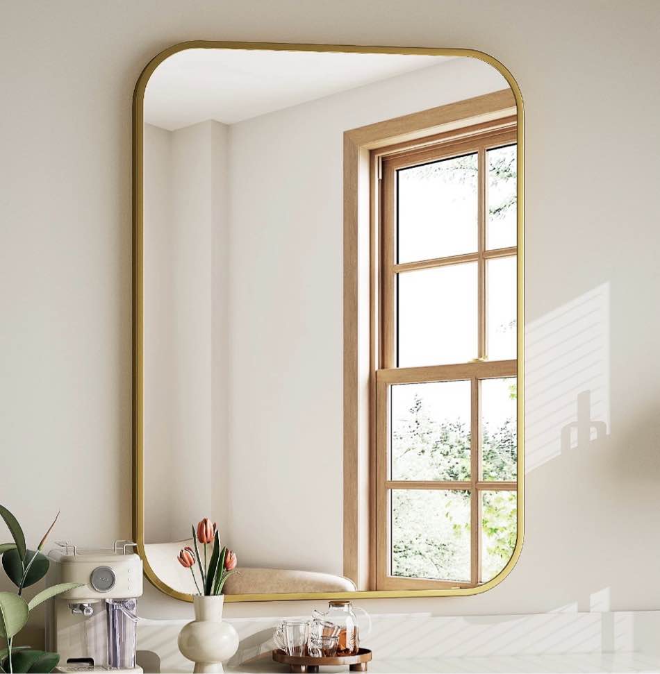 YVANLA 28 x20 Rectangular Bathroom Mirror Round-edged Wall Mounted Mirror with Aluminum Alloy Frame Gold