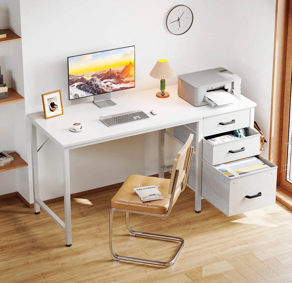 Casacomoda 48 Inch Computer Desk with Fabric Drawers & File Cabinet, Home Office Desk for small space, Vanity Desk for Bedroom, White