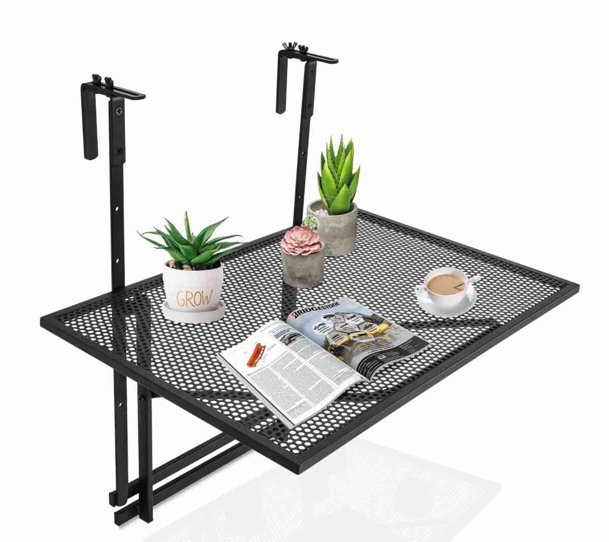 Folding Table Adjustable Balcony Railing Table Patio Deck Black