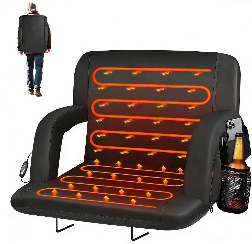 DKMOCO 21" Wide Dual Side Heated Stadium Seats for Bleachers with Back Support, Folding Bleacher Seat with Storage Pockets for Outdoor Camping Games Sports,Black(No Battery)