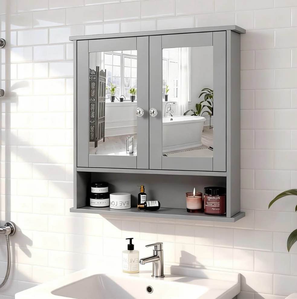 Ktaxon Bathroom Medicine Cabinet, Wall Storage Cabinet with 2 Mirror Doors and Shelves, Gray