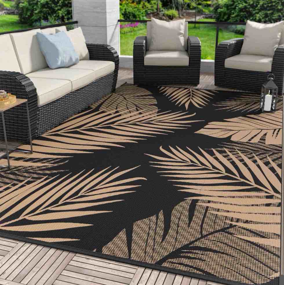 DEORAB 9 x12  Outdoor Rugs Patio Waterproof Outside Mat Reversible Plastic Camping Carpet Black & Brown