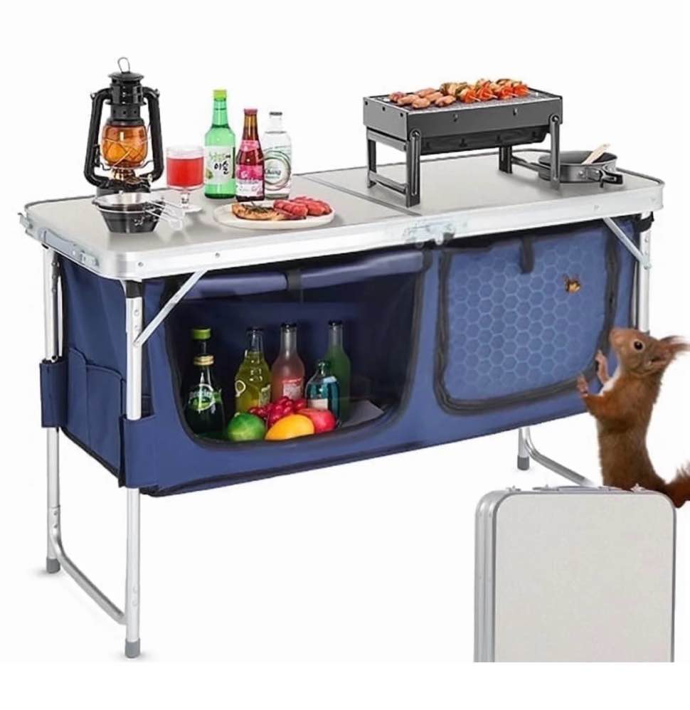 Acpouw 4 ft Folding Camping Table with Storage, Camping Kitchen Station, Aluminum Portable Folding Table Camp Cook Desk with Storage Organizer and 2 Adjustable feet, White