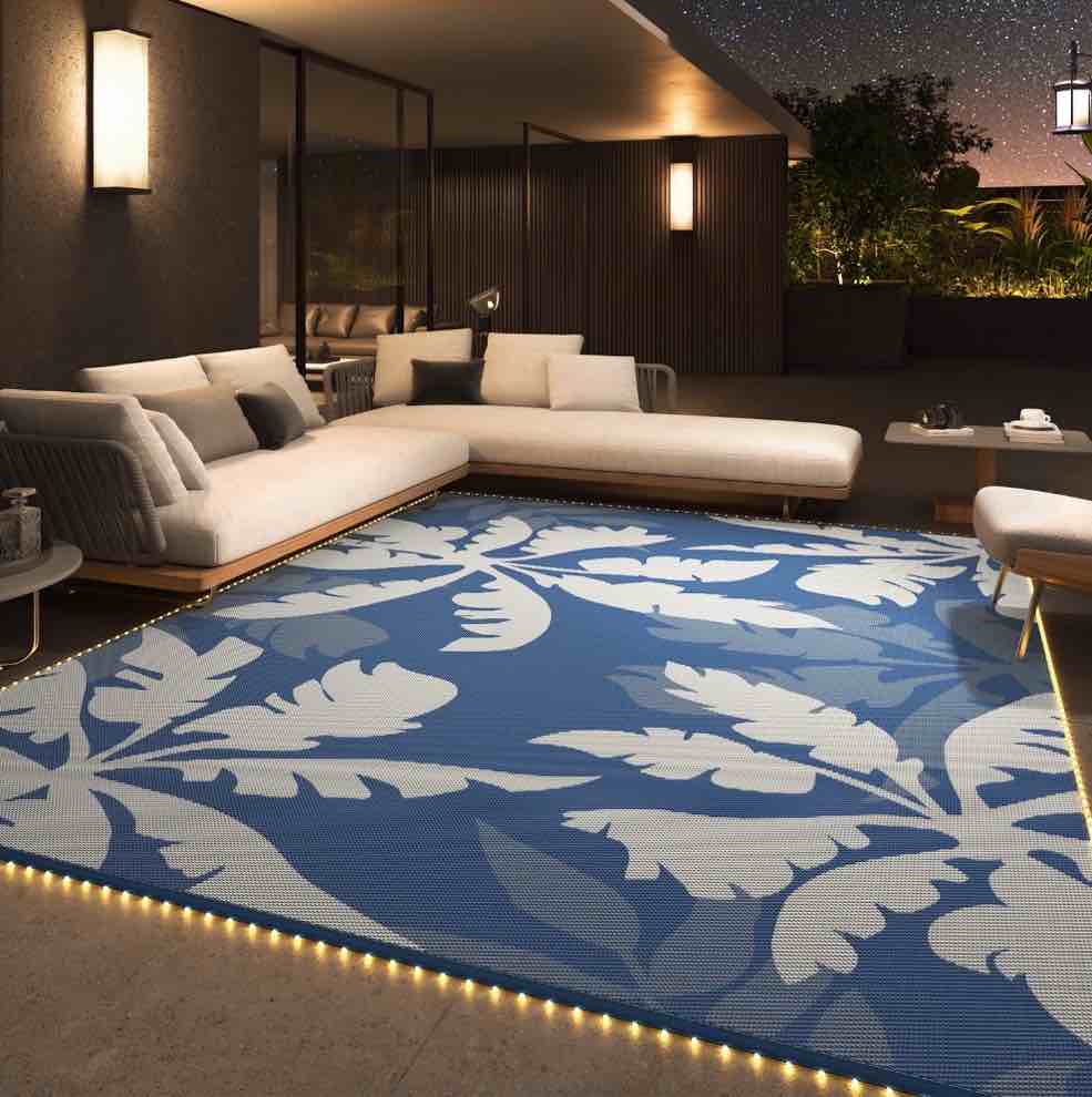 VUNATE Outdoor Rug with LED Strip Lights 8'x10' Waterproof Reversible Patio Rug Plastic Straw Lightweight Indoor Outdoor Rug for RV Camping Deck Balcony Tropical Porch Decor Blue