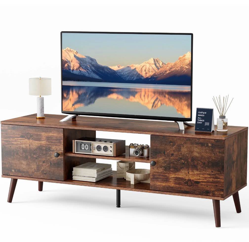 edx Modern TV Stand for 55-60 inch TV, Mid Century Entertainment Centre, Media Console Table with Storage for Living Room, Office, Brown