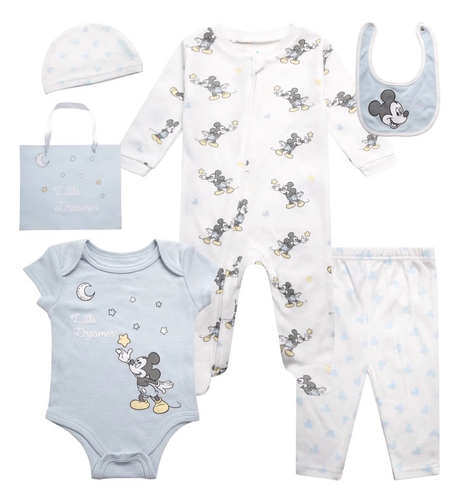 Disney Newborn Baby Layette Set - 6 Piece Disney Bodysuit Coveralls Sweatpants, Hat, Gift Bag (0-6M)