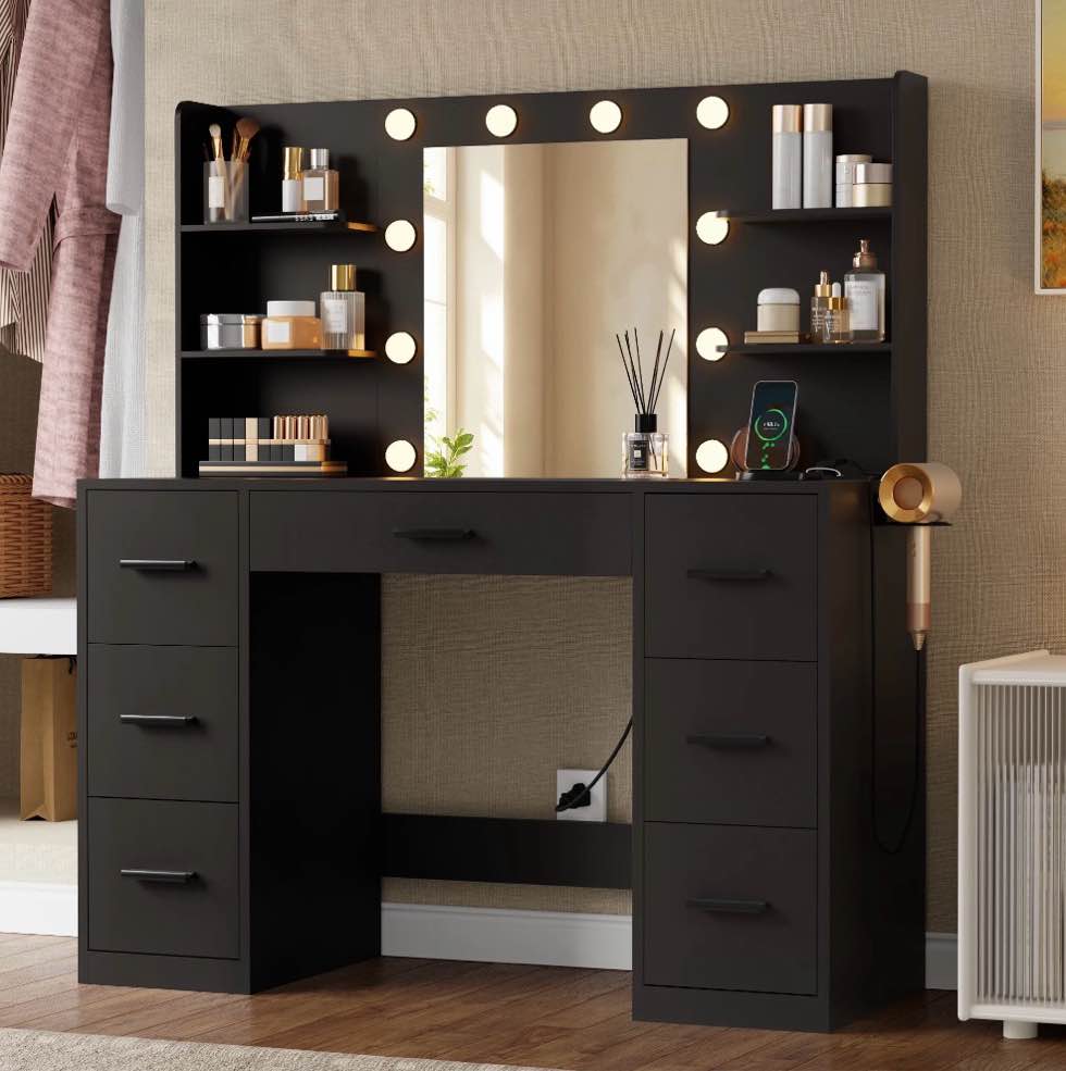 Lacoo Vanity Desk with Mirror and LED Lights, Makeup Vanity with 7 Drawers & 4 Shelves, Vanity Table with Power Outlet for Bedroom Dressing Room, Black