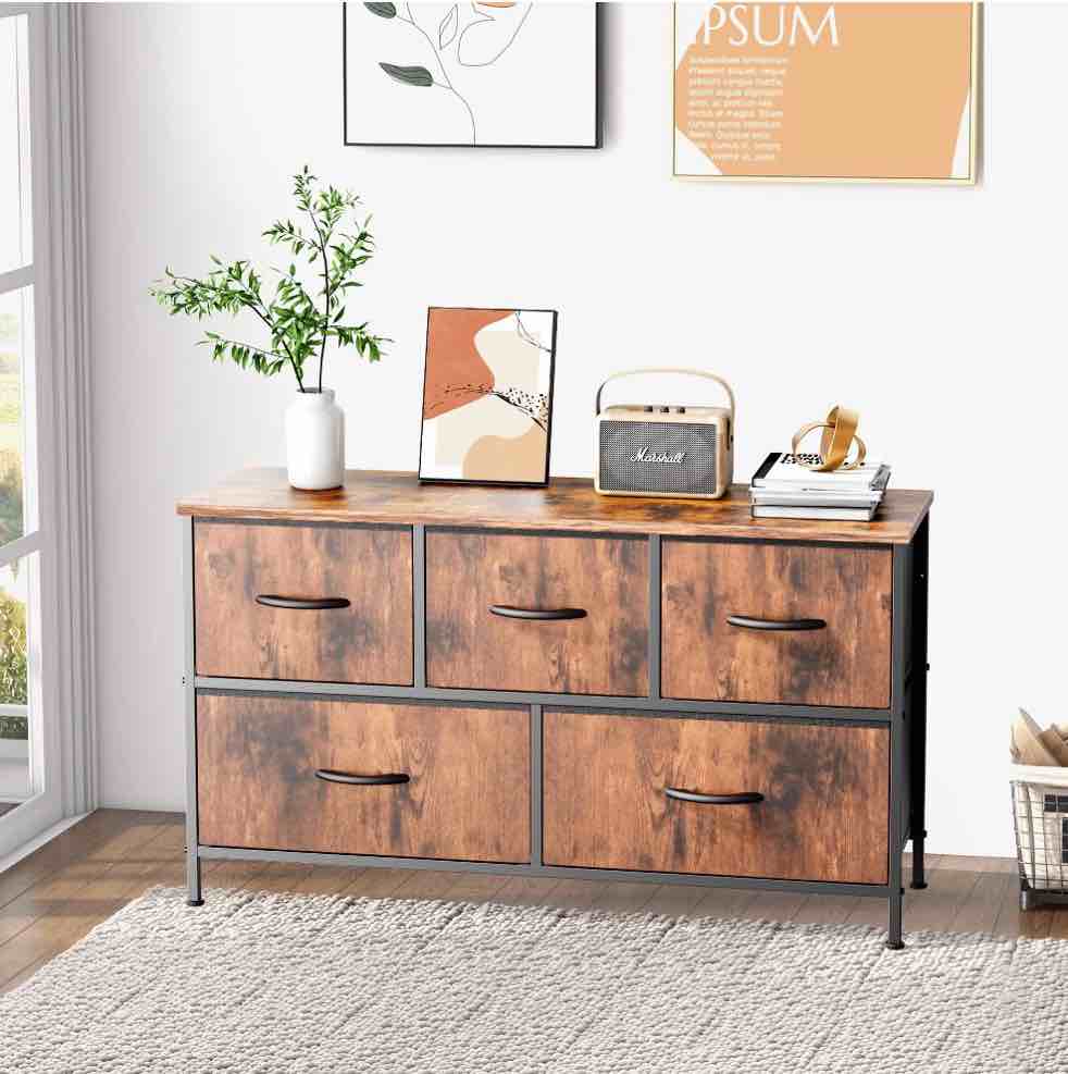 edx 5 drawer fabric dresser for bedroom, chest of drawer organizer storage cabinet for closet, entryway, rust brown