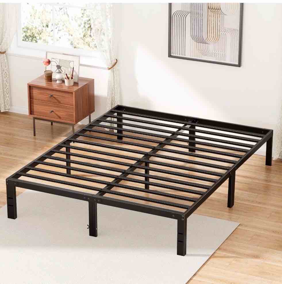 edx 14 inches full bed frame, heavy duty metal platform with storage space under frame, no box spring needed full size bed frame, black