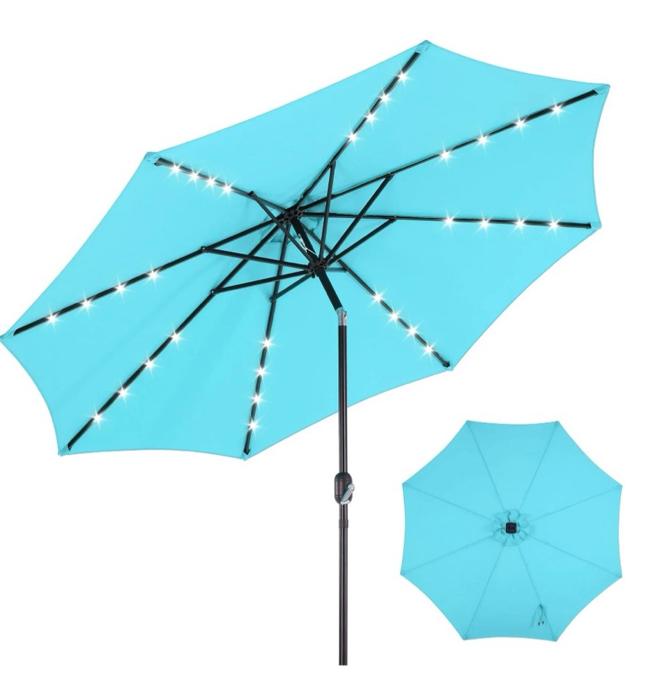 edx 10ft solar 32 led lights patio umbrella with tilt adjustment and uv-resistant polyester fabric?market umbrella for outdoor, lake blue