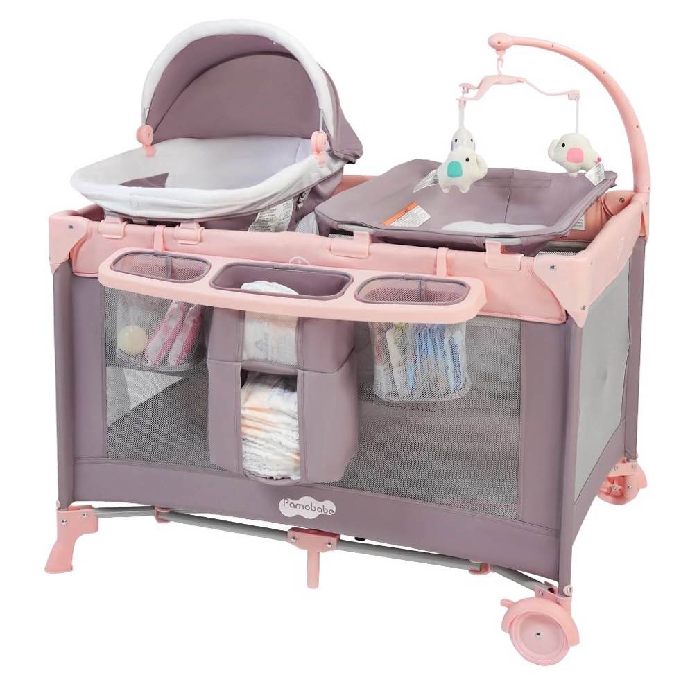 pamo babe 4-in-1 baby playard with bassinet & changing table for newborn,4-panels playpen