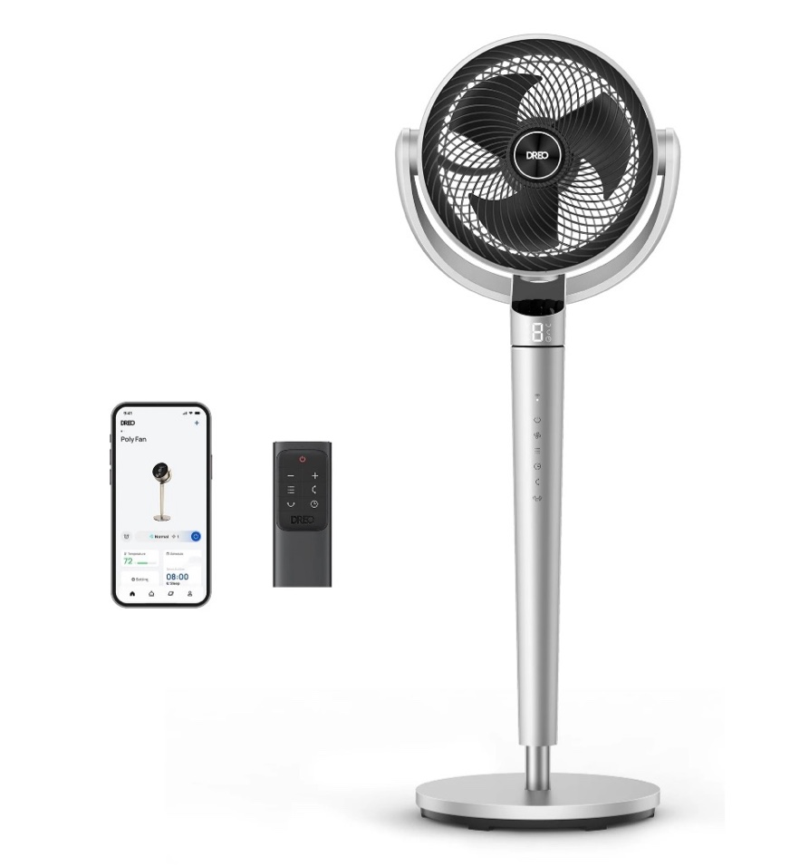 dreo oscillating fan for bedroom 150°+120° omni-directional quiet floor fans with smart control 110ft pedestal fan with dc motor 9 speeds 6 modes 43 inches 12h timer wi-fi/voice/alexa