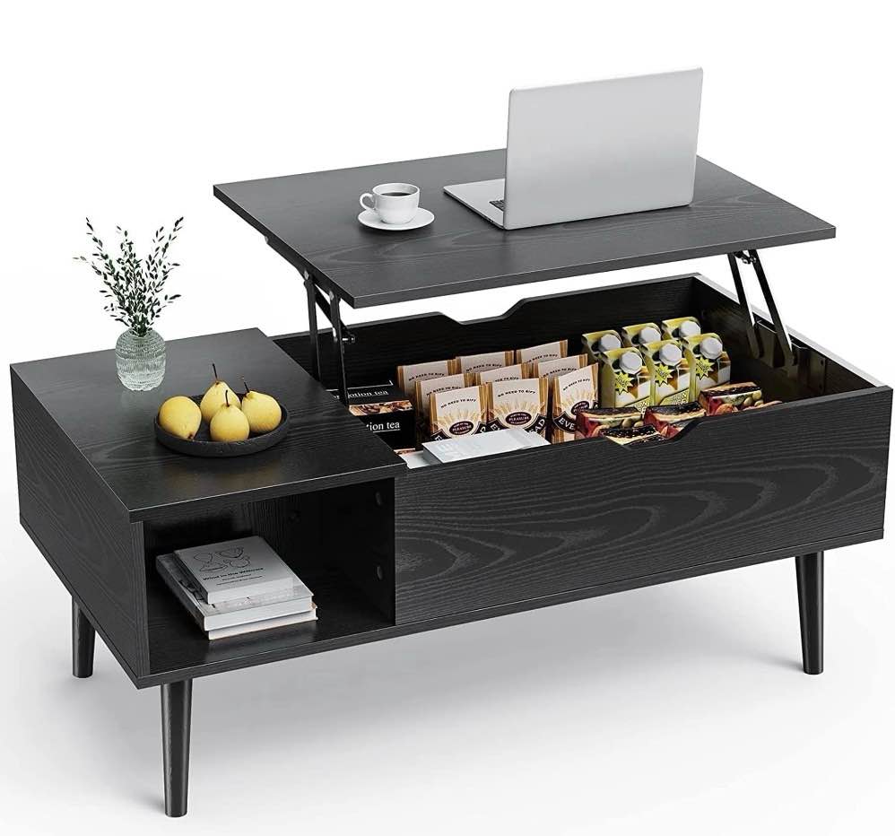 edx wooden lift top coffee table with hidden compartments and adjustable shelves - ideal for small homes, apartments, reception rooms, black grain