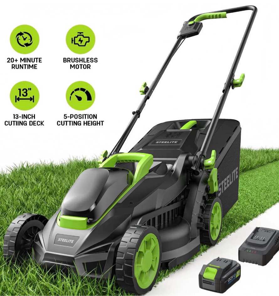 steelite 13-inch cordless lawn mower, 21v electric lawn mowers with brushless motor for garden,5 heights adjustment, 4.0ah battery & charger included