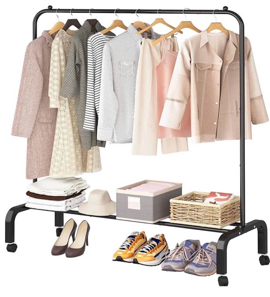 susuzi 51" single rod clothes rack, heavy-duty garment rack with wheels, closet organizer with 6 hooks & bottom storage (black) 51"