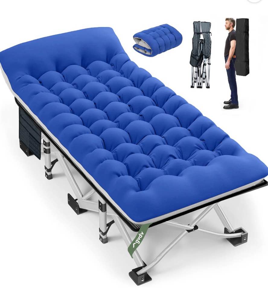 gvdv folding camping cot for adults - 75" x 28" cot, 1200d oxford portable cot bed  for camp travel guest, blue