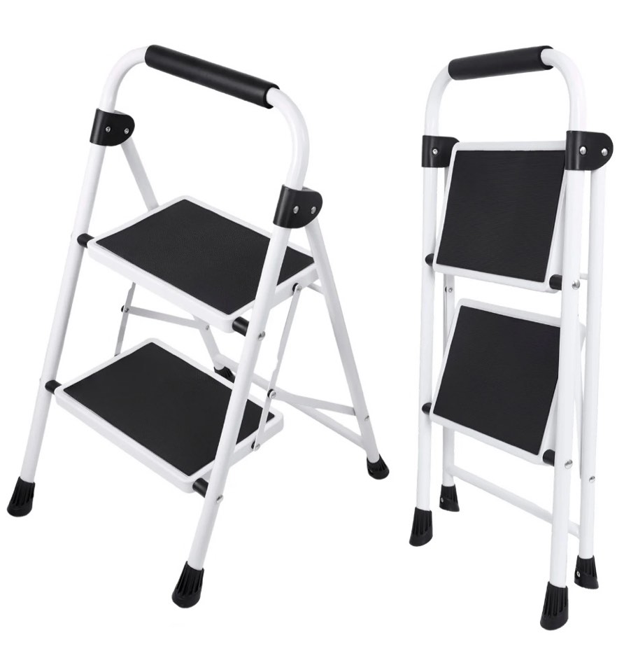 concetta 28 inch iron stepstool, 2 folding stepstool with non-slip pedals and comfortable handrails, sturdy steel ladder portable heavy duty stepstool for kitchen, garage and outdoor use, black