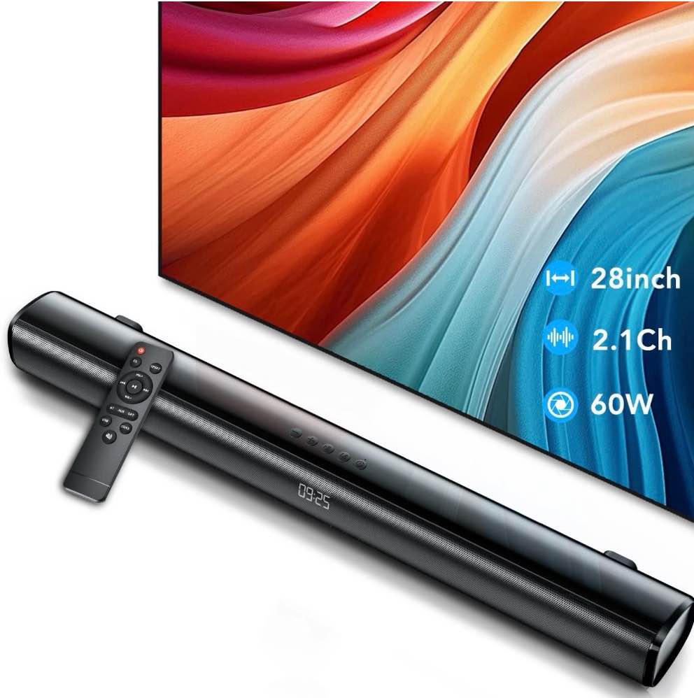 sound bar for tv, 60w soundbar tv speakers, 2.1 ch home theater with subwoofer boost, 3 equalizer modes, soundbar for tv/pc/gaming/projectors, bluetooth, opt, cox, usb & aux wall mountable