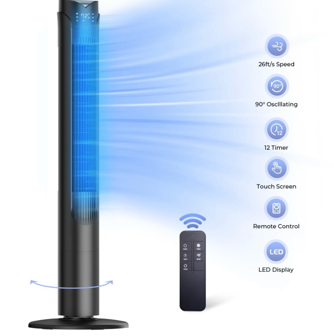 41 tower fan with remote 90° oscillating fans with 3 speeds 3 modes 26 ft/s high velocity led display 12h timer for home living room office