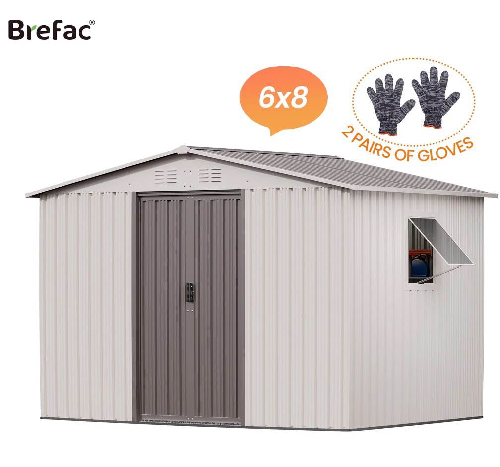 6x8 outdoor steel storage sheds, metal tool outdoor shed with windows& air vent&gloves,for backyard,garden,lawn,creamy white
