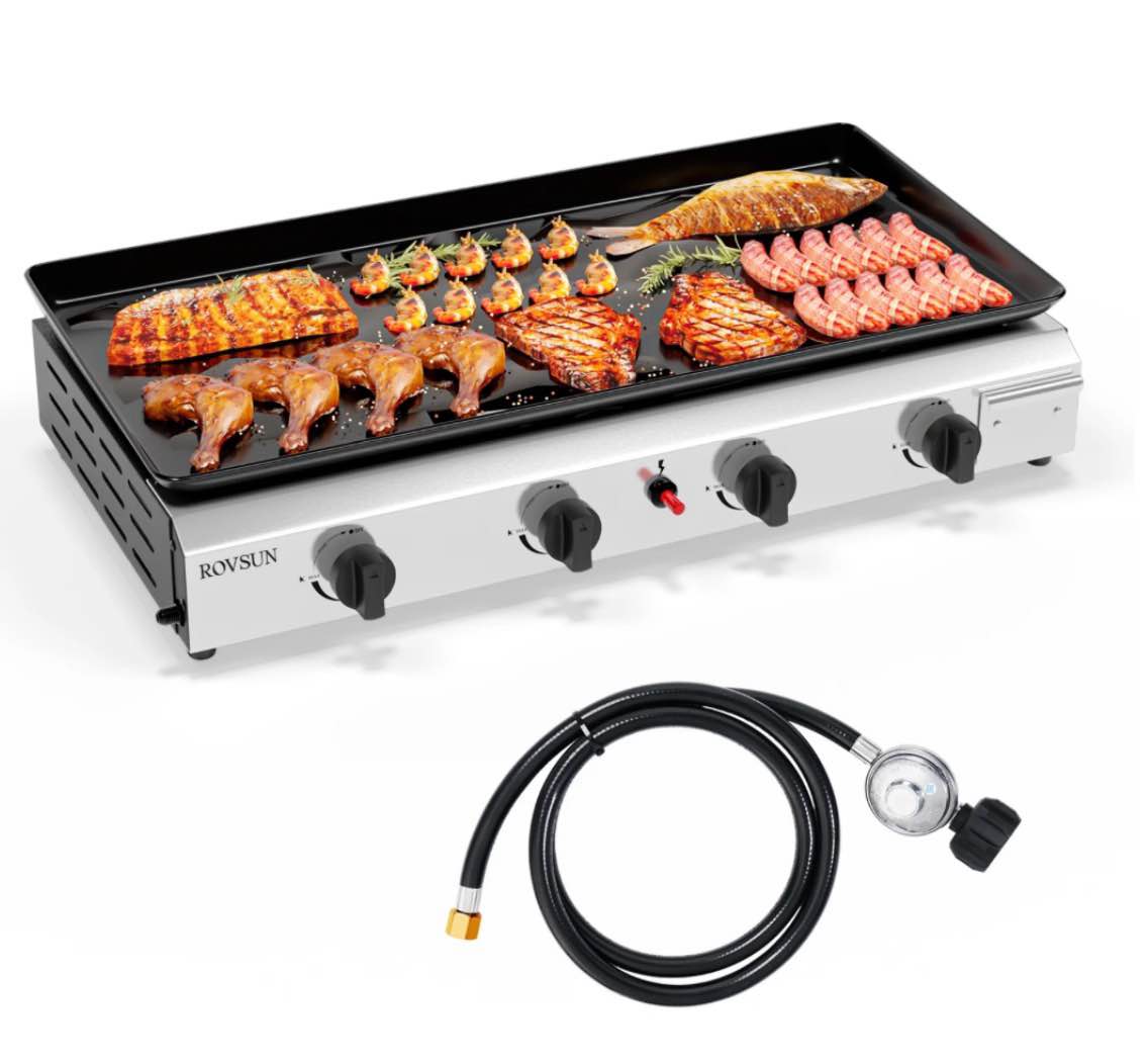 rovsun 4 burner portable propane griddle with enameled tray & lid, 40000 btu rolling flat top gas grill with electronic ignition, side shelves & regulator for outdoor cooking camping bbq tailgating