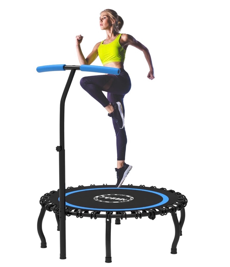 yorin rebounder foldable trampoline for adults, 330lbs fitness indoor trampoline, 48" 40" 50" mini exercise trampoline with bungees, 3 level adjustable foam handle bar, stable quiet small trampoline
