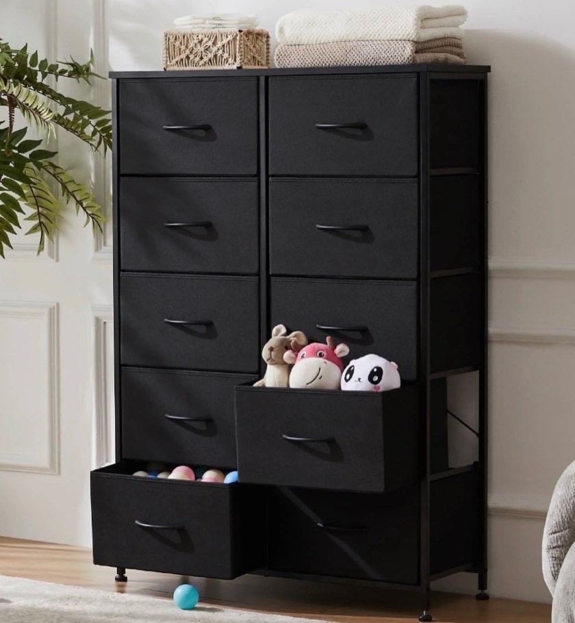 edx 10 drawer fabric dresser for bedroom, chest of drawer organizer storage cabinet for closet, entryway, black