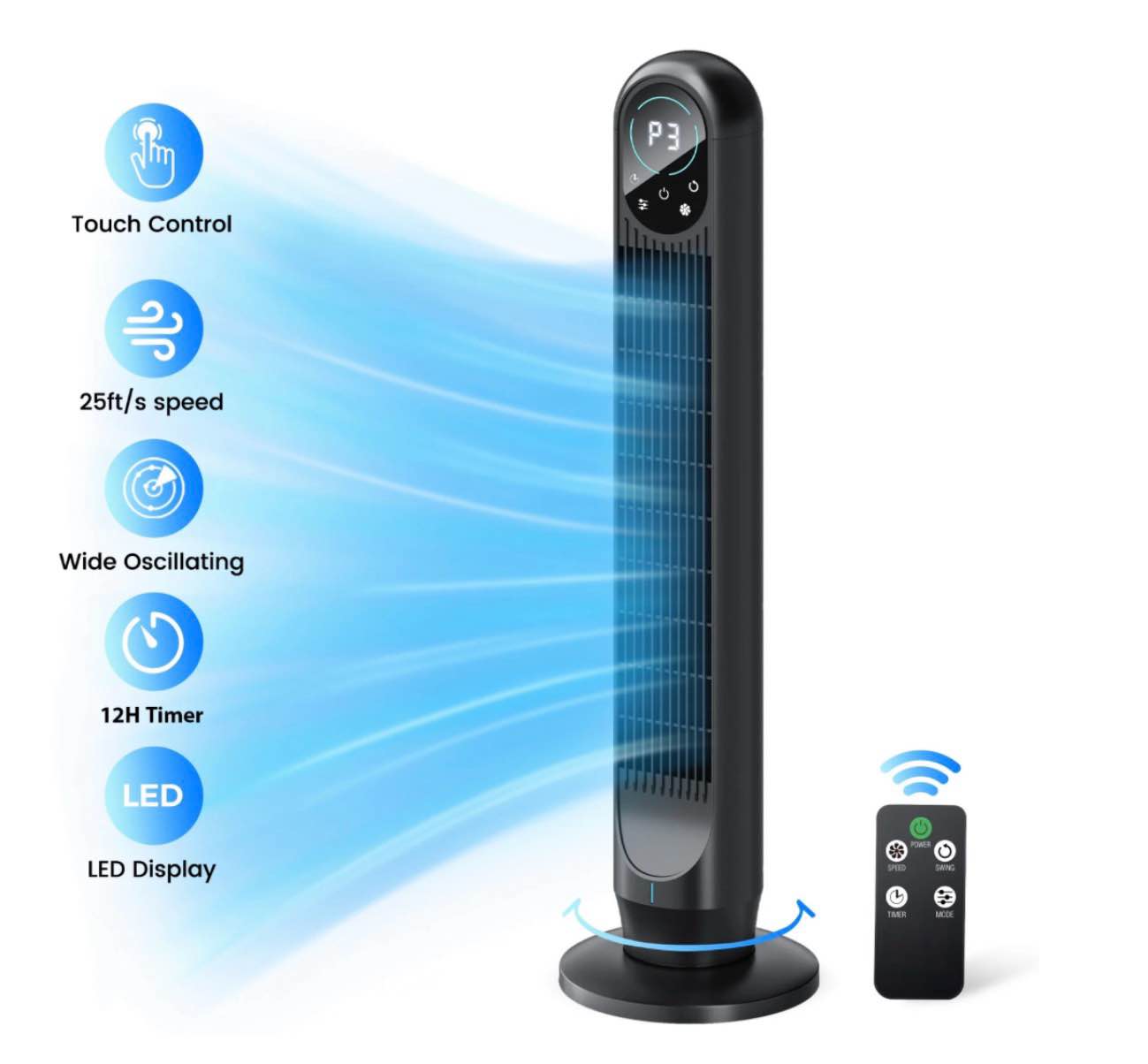 tower fan with remote 31 bladeless floor fans for home 4 modes & 4 speeds 12h timer led display 80° oscillating wide cooling for bedroom office