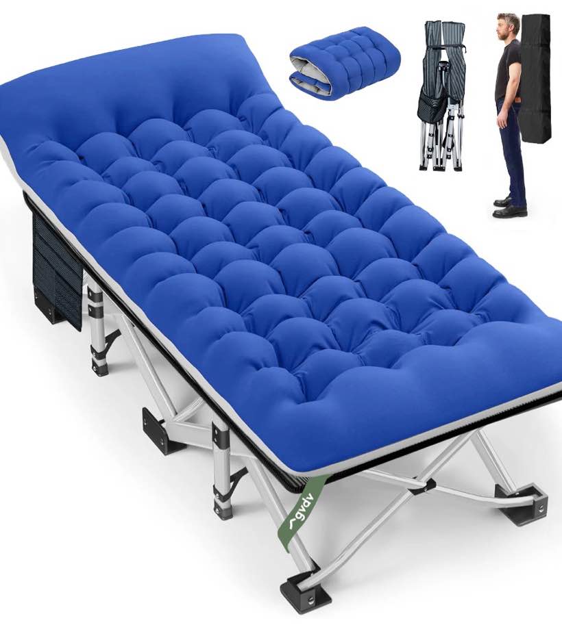 gvdv folding camping cot for adults with 2 sided mattress - 75" x 28" cot, 1200d oxford portable cot bed with carry bag for camp travel guest, blue