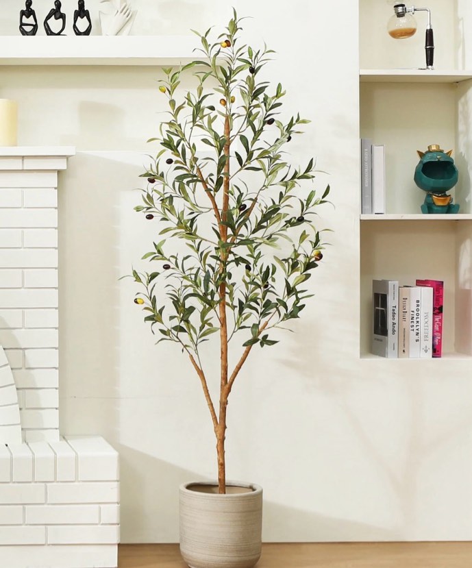 dr.planzen 5 ft artificial olive plants with realistic leaves and natural trunk, silk fake olive tree in black plastic pot, faux olive tree for office home