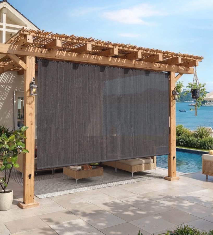 vicllax 10'wx8'h outdoor roller shades blinds for patio porch crank operation sun blocking, gray
