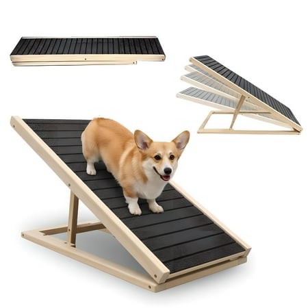manyfun adjustable wooden pet ramp stairs for bed couch car suv rated for 110 lbs foldable dog ramp with anti slip (27.6 l x 13.4 w x 15.7 h)
