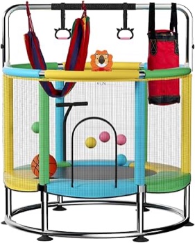 mini round trampoline for kids with basketball hoop  segmart 55   indoor outdoor toddler trampoline with enclosure net  swing  sandbag  ring  ocean balls  small trampoline gift for boys girls  green